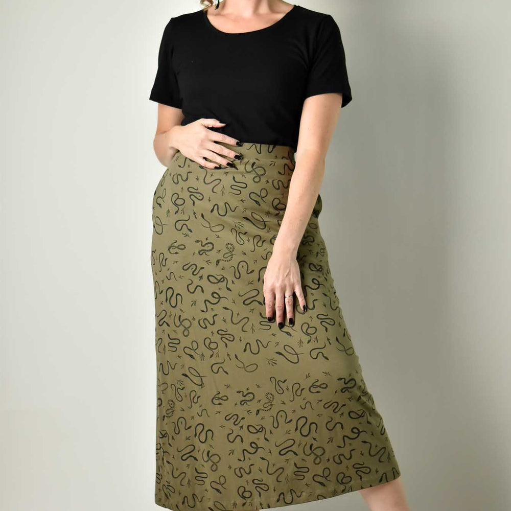 90s Maxi Skirt - Olive Snakes poison-pear