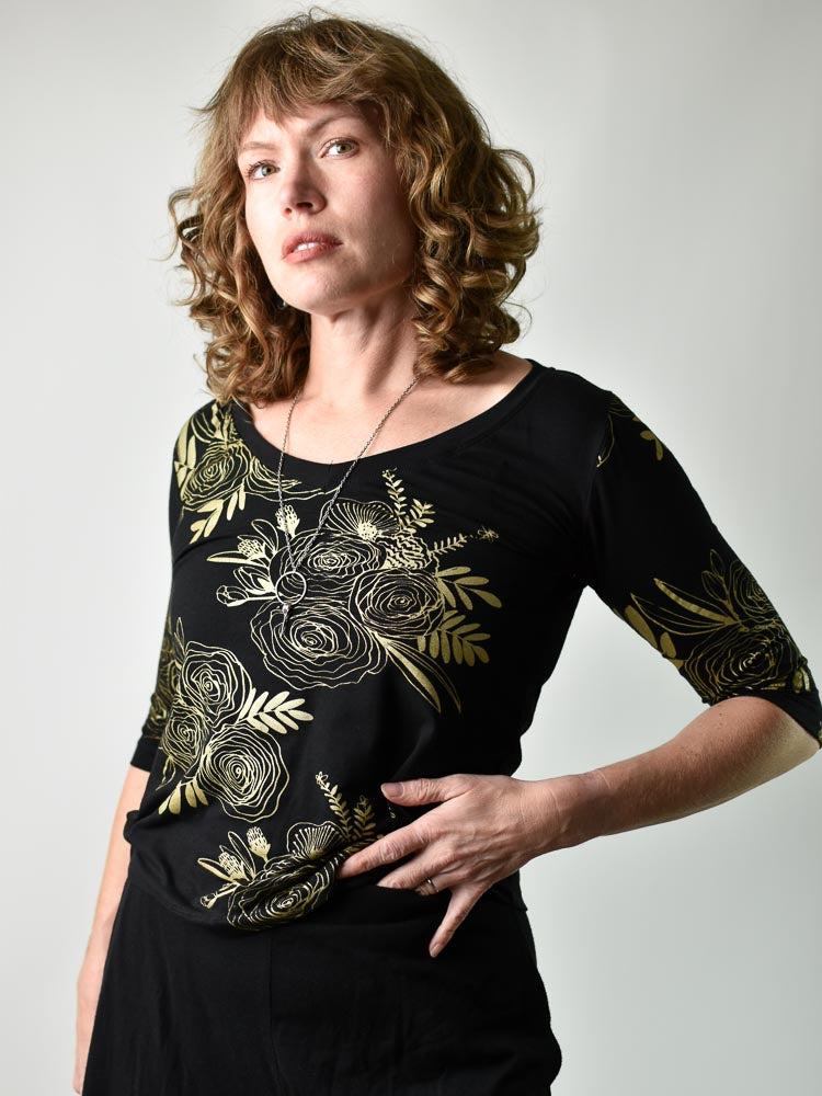 V-neck Top - Gold Floral poison-pear