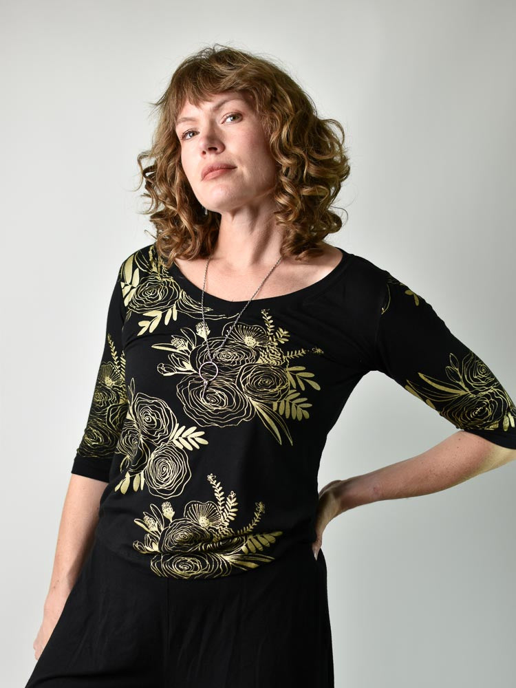 V-neck Top - Gold Floral poison-pear